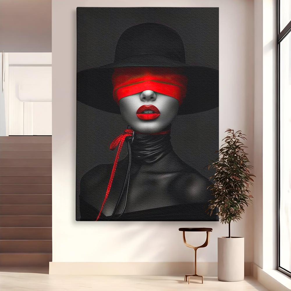 Tablou canvas cu tablou canvas cu femeie si voal rosu, fara rama, pe sasiu de lemn